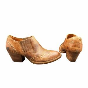 Born Leather Western Studded Booties Tan 8.5 Block Heel Ankle Boots